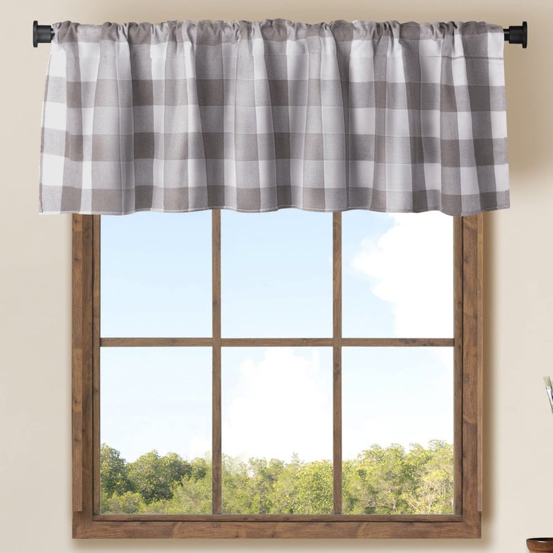 WOSIBO 2 Pack Buffalo Check Plaid Window Valances White and Grey Farmhouse Design Window Treatment Decor Curtains Rod Pocket Valances for Kitchen/Living Room 16" x 56" - Image 1
